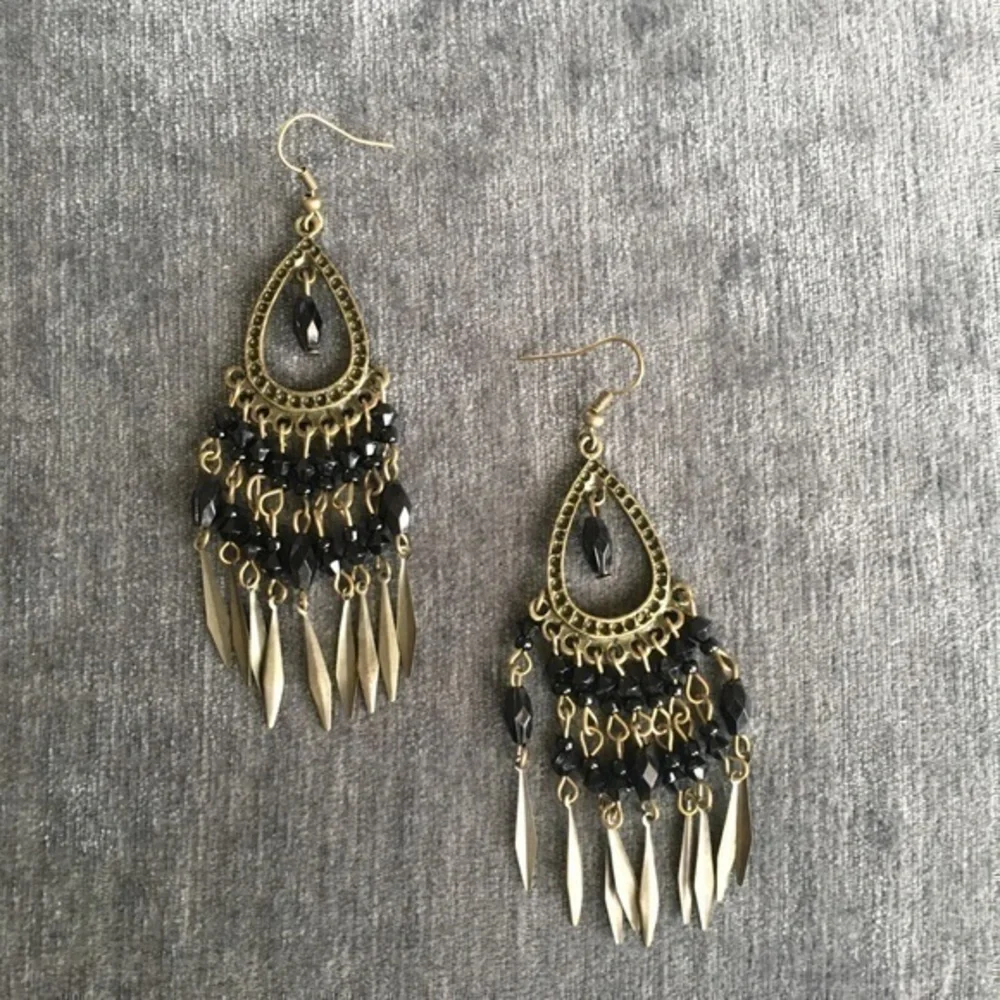 Bohemian Earrings Black Beads Metal Hanging Boho